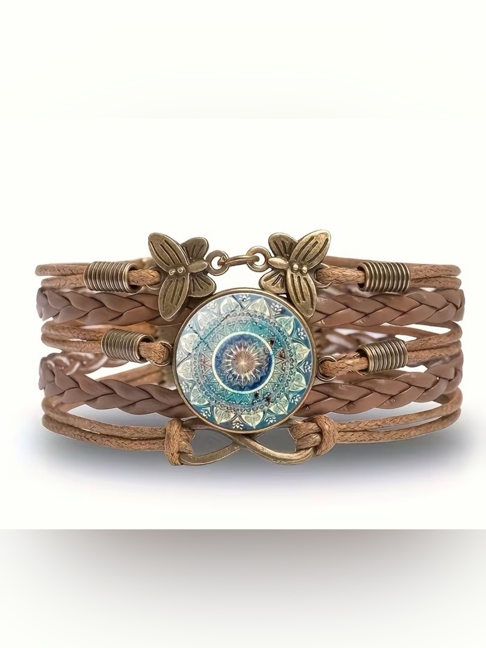 Western Bohemian Mandala Multi-Strand Leather Bracelet - Brown and Turquoise
